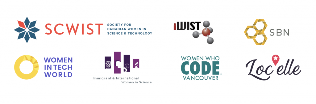 Joint statement on anti asian violence. Logos: Locelle, SCWIST, Women In Tech World, Immigrant and International Women In Science, iWist, Women Who Code Vancouver, SBN